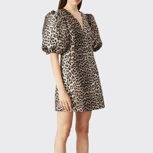 GANNI Leopard Print Jacquard Puff-Sleeve Mini Dress Size 8